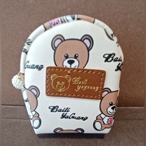 New Beige Bear Print Novelty Mini Backpack Coin Purse Pouch Keychain Bag Charm
